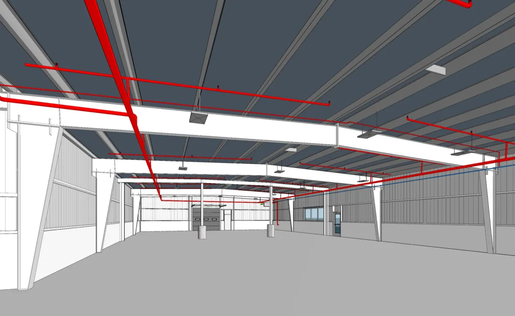 Sectional BIM overlay of FEAST Food Works interior structure and pipe routing