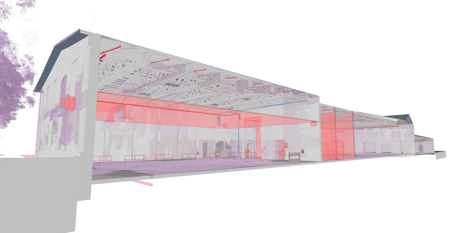 Dynamic LiDAR point-cloud and BIM model animation showcasing FEAST Food Works processing facility