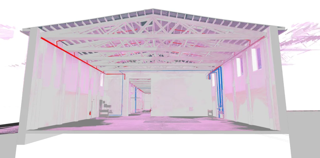 Close-up LiDAR scan of packaging machinery and conveyors at FEAST Food Works