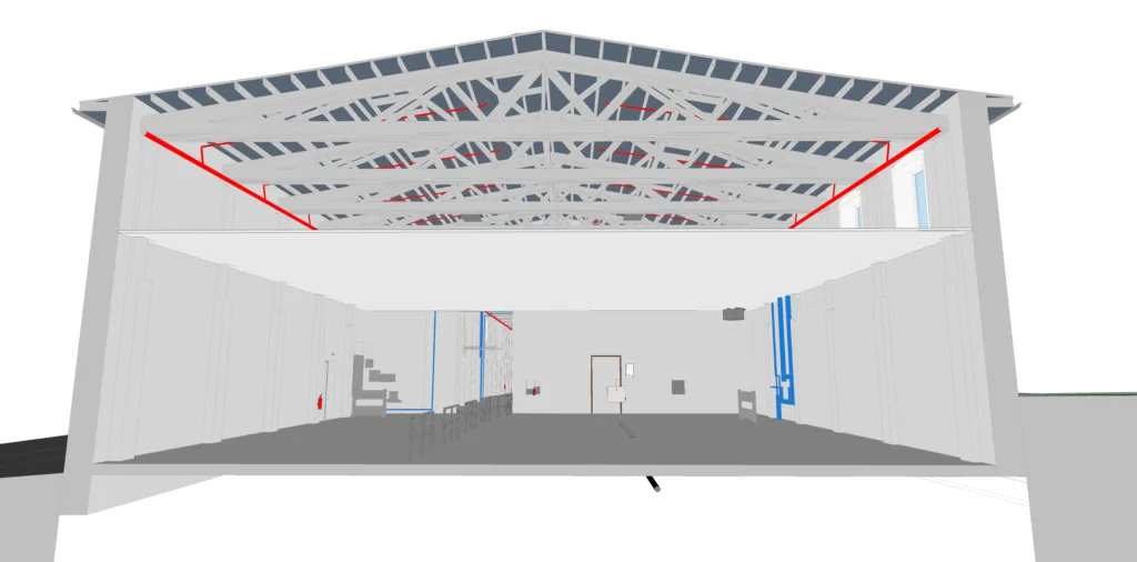 Digital twin overlay highlighting utility runs and structural elements at FEAST Food Works facility