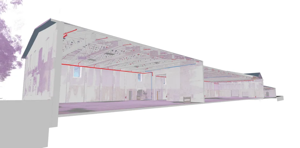Wireframe point-cloud view of FEAST Food Works production hall showing structural steel framing
