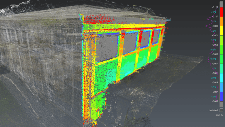 Construction Deviation Analysis: From Field Measurement to Informed Decisions 1 Color bar legend and measurement overlay on Libby Museum point-cloud deviation analysis