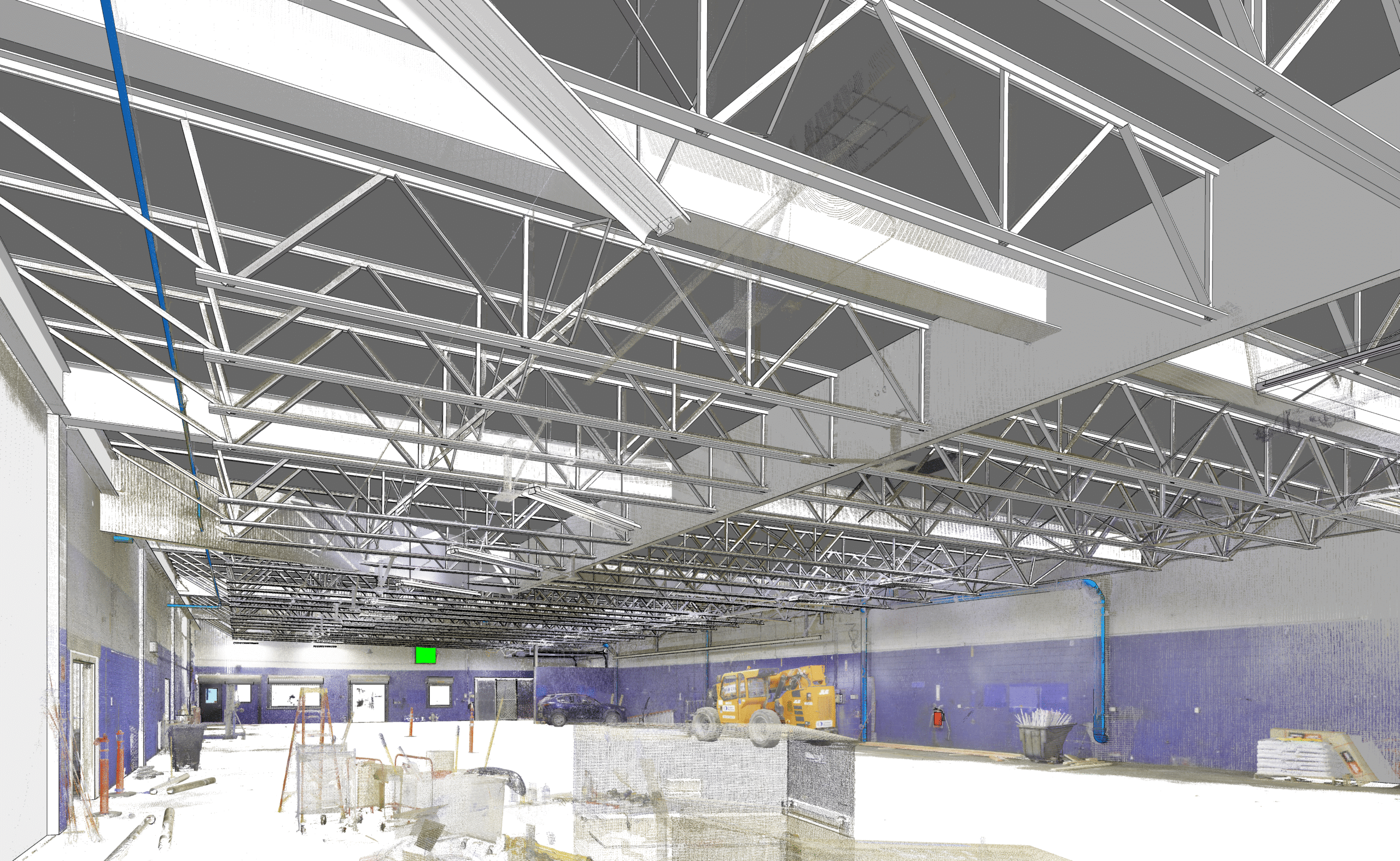 Interior BIM perspective focusing on steel beams and grid layout at Mint Gaming.