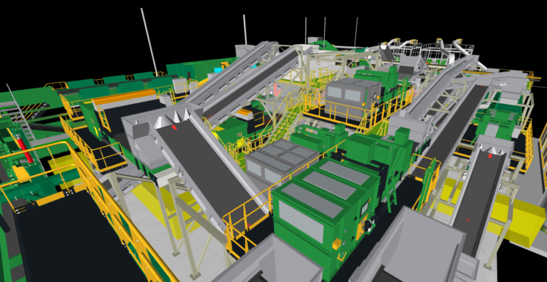 BIM: In-House or Outsourced? A Strategic Decision for Modern Construction 1 LiDAR tripod capturing conveyor belts inside recycling plant