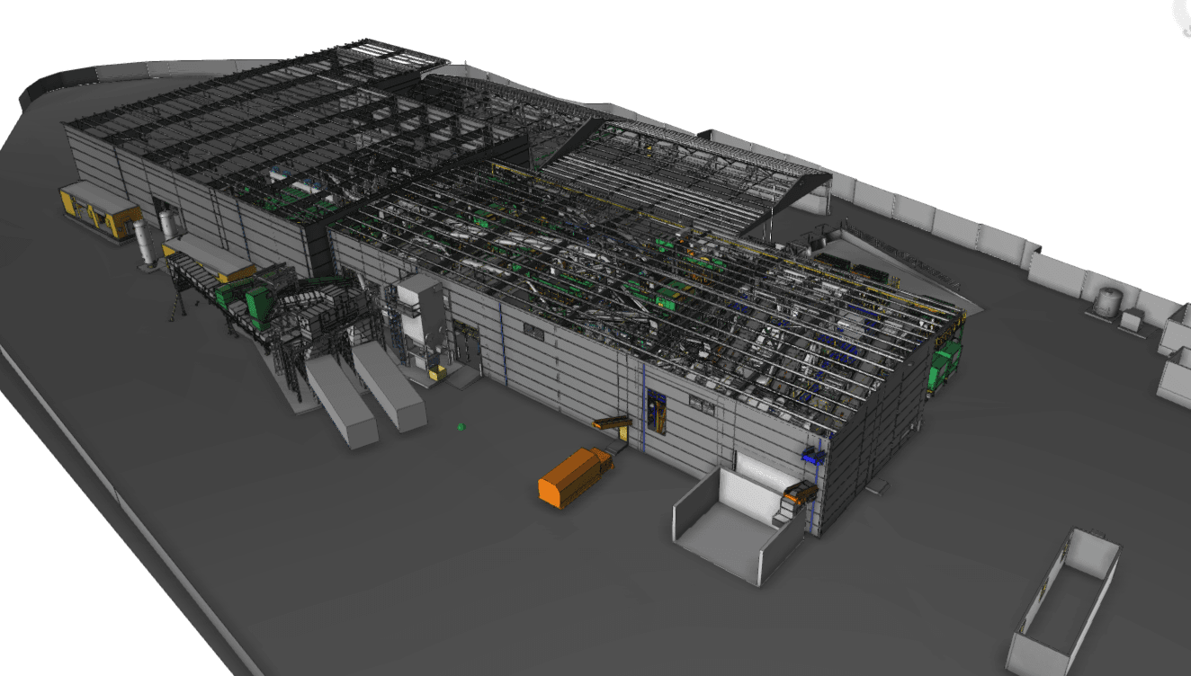 Detailed 3D BIM model rendering of an industrial facility layout for spatial and operational planning