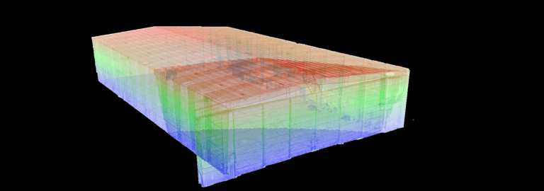BIM & VDC for Facility Retrofits: Enhancing Facility Layouts 1 Gradient-colored 3D heatmap of a facility floorplan derived from point cloud data