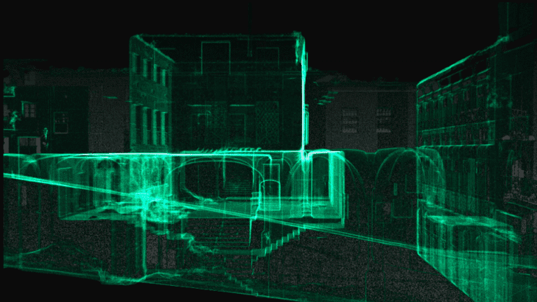 How Reality Capture Technology Improves Construction Sites Safety 2 Neon-green wireframe 3D laser scan of a construction site exterior highlighting structural safety details