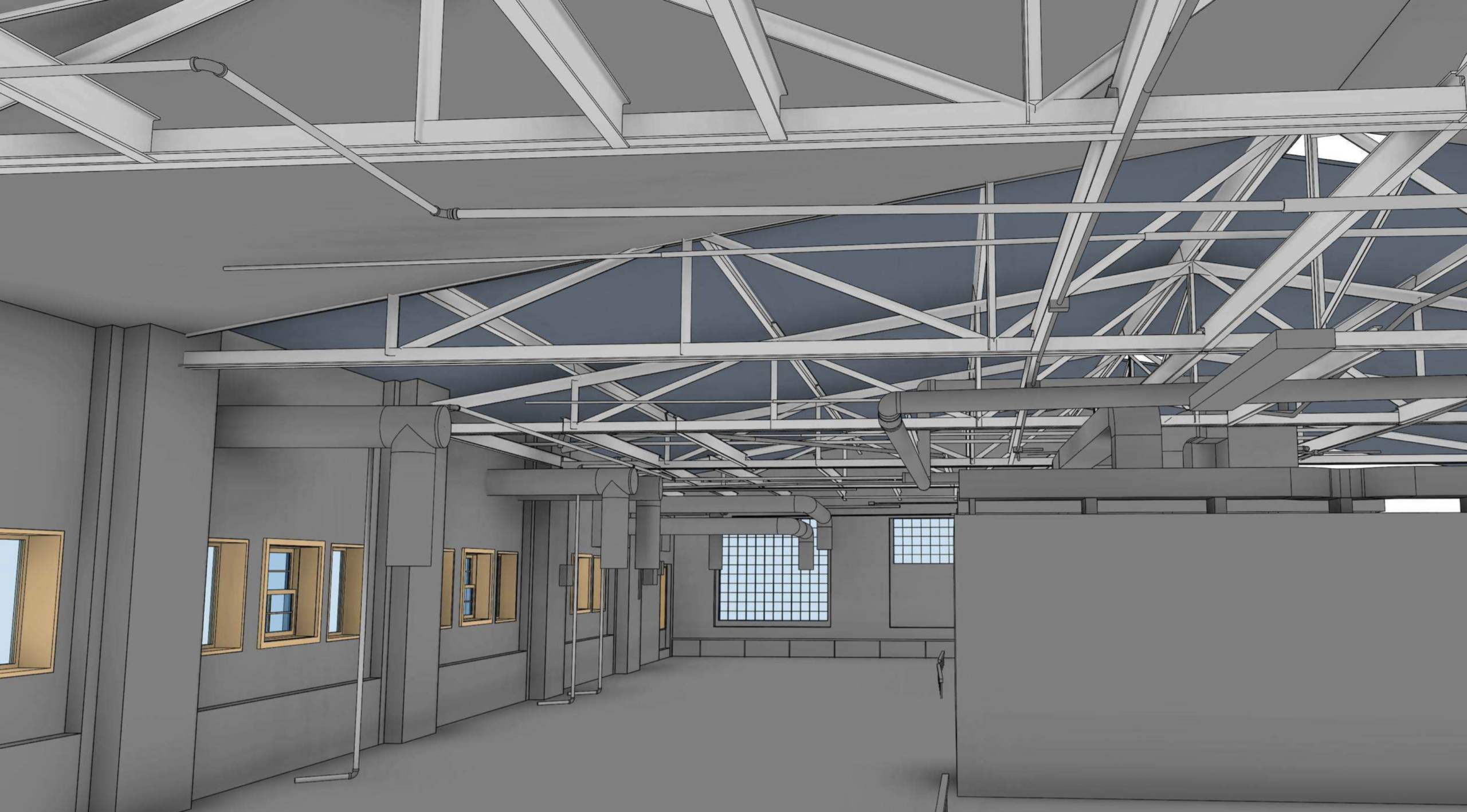 Existing-Conditions Modeling for an Industrial Equipment Retrofit 3 Industrial interior with exposed beams